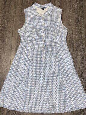 Lands' End Women's Blue/White Lined Sleeveless Collared Shirt Dress Sz 12 Plaid